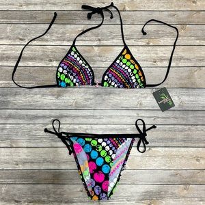Bamboo Island Black Multi Color Circle Triangle Halter Side Tie Bikini NWT Small